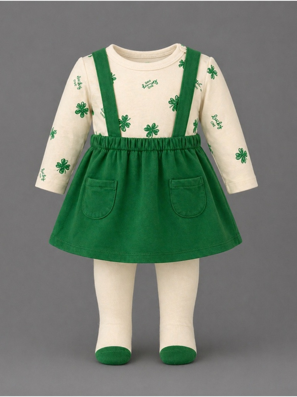 Green Pinafore Suspender Dress Set with Clover Print and cream tights 6m